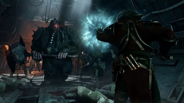 Screenshot from Warhammer 40,000: Darktide shows a player character casting a spell at approaching enemies in a dimly lit corridor.