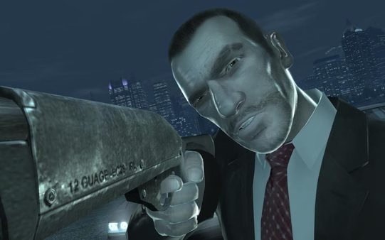 Grand Theft Auto IV screenshot: A suited character aims a shotgun at night, with a city skyline in the background.
