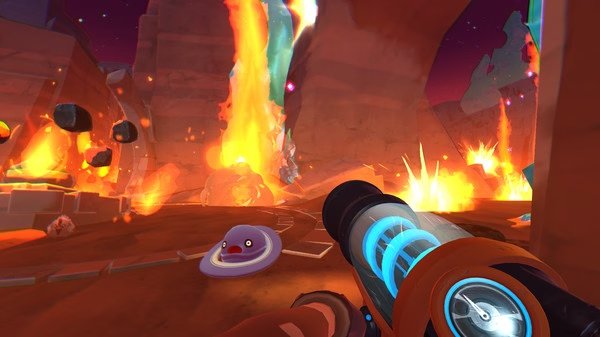 Screenshot from Slime Rancher showing a player aiming a weapon at a purple slime with flames erupting in the background.