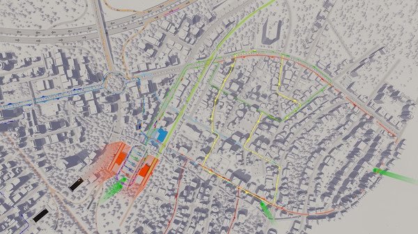 Cities: Skylines screenshot showing a detailed overhead view of a city with highlighted traffic flow on various roads.