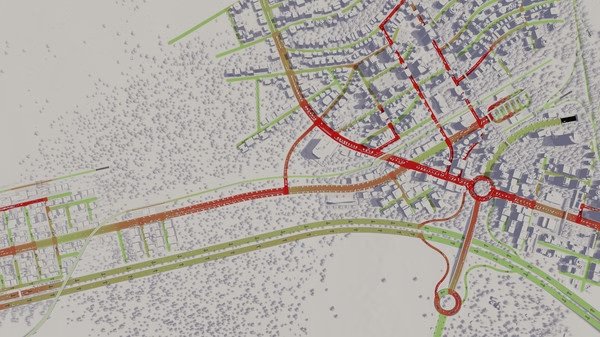 Cities: Skylines screenshot showing a city map with highlighted roads in red, orange, and green, indicating traffic flow.