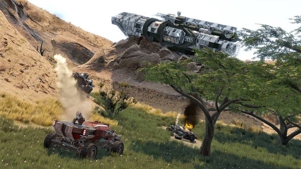 Space Engineers screenshot: A spaceship hovers over rocky terrain as two rovers drive below under a clear sky with scattered trees.