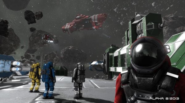 Space Engineers screenshot: Four astronauts in colorful suits stand on a platform, observing ships and asteroids in space.