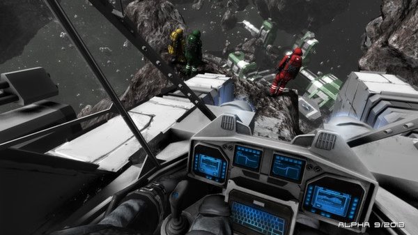 Space Engineers screenshot: A cockpit view of a spaceship near asteroids, with three astronauts standing on a rocky surface.