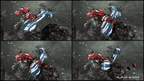 Screenshot from Space Engineers showing a red and blue spacecraft navigating through an asteroid field in space.