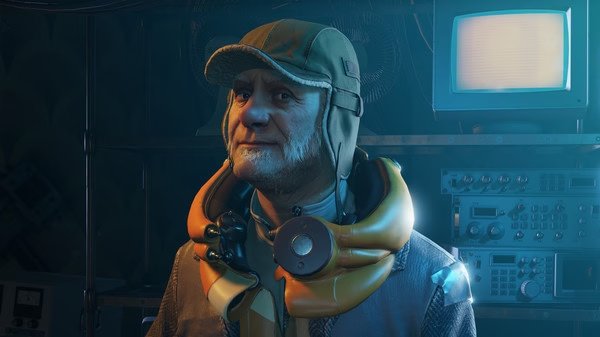 Half-Life: Alyx screenshot showing a character in a green hooded outfit with a yellow collar, standing near electronic equipment and a monitor.