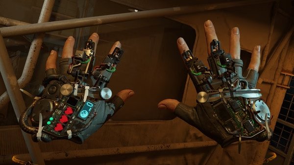 Screenshot from Half-Life: Alyx showing detailed mechanical gloves with digital displays and wiring, set against an industrial backdrop.