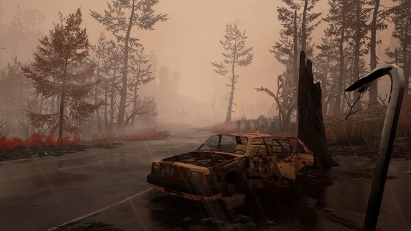 Screenshot from Pacific Drive: A rusted car sits abandoned on a flooded road, surrounded by barren trees under a gloomy sky.