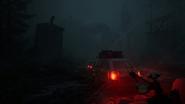 Screenshot from "Pacific Drive" showing a car with red taillights in a dark, rainy forest, surrounded by ominous structures.