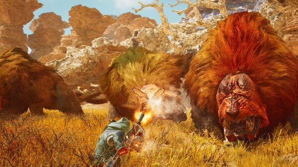 Screenshot from Monster Hunter Wilds showing a hunter battling a fiery red beast in a grassy, rocky terrain.