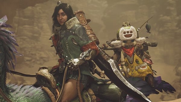 Screenshot from Monster Hunter Wilds showing a hunter riding a creature in a desert, accompanied by a small, colorful companion.