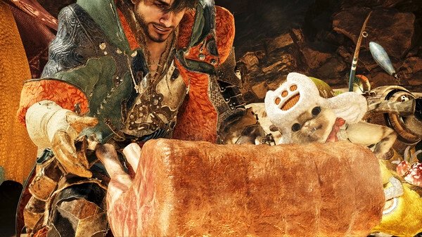 Screenshot from Monster Hunter Wilds showing a hunter crafting with a Palico helper in a cave environment.