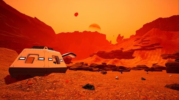 A screenshot from The Planet Crafter showing a desert landscape with scattered resources and a small base under an orange sky.