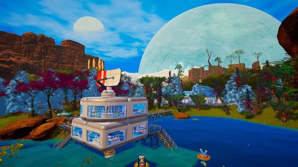Screenshot from The Planet Crafter showing a base with a satellite dish, surrounded by colorful vegetation and a large planet in the sky.