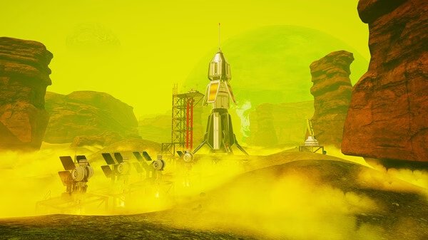 Screenshot from The Planet Crafter: A rocket stands amidst a vivid yellow landscape, surrounded by solar panels and rocky formations.