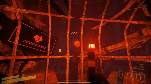 Screenshot from Content Warning game showing a player holding a torch behind bars, facing a smiling face on a circular object.