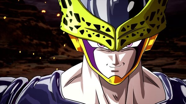 Screenshot from DRAGON BALL: Sparking! ZERO showing Cell in his perfect form standing in a fiery battlefield at night.