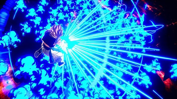 Screenshot from DRAGON BALL: Sparking! ZERO showing a character unleashing a powerful blue energy attack in a vibrant battlefield.