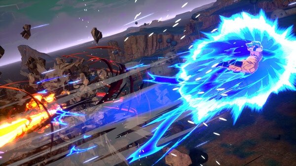 Screenshot of DRAGON BALL: Sparking! ZERO showing a dynamic battle scene with energy blasts and a character charging a blue attack.