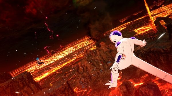 Screenshot from DRAGON BALL: Sparking! ZERO showing a character flying over a fiery, lava-filled landscape, facing an opponent.