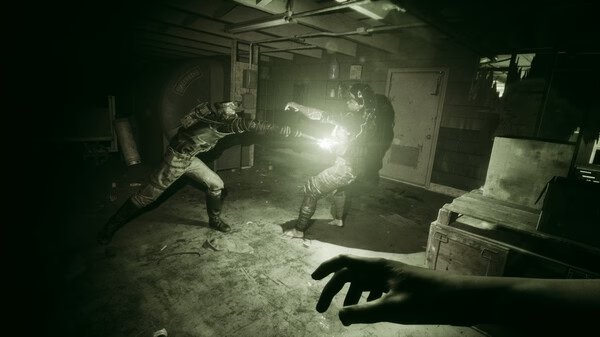 Screenshot from The Outlast Trials showing two figures in combat wearing night vision goggles in a dark, eerie room.