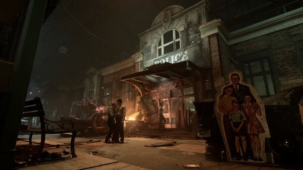 Screenshot from The Outlast Trials showing a dimly lit, abandoned police station with two mannequins and scattered debris.