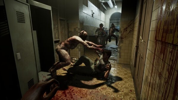 Screenshot from The Outlast Trials showing a player attacked by a creature in a blood-stained hallway with others approaching.