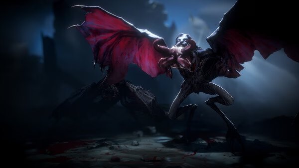 Screenshot from No Rest for the Wicked showing a dark, ominous creature with large red wings in a shadowy landscape.