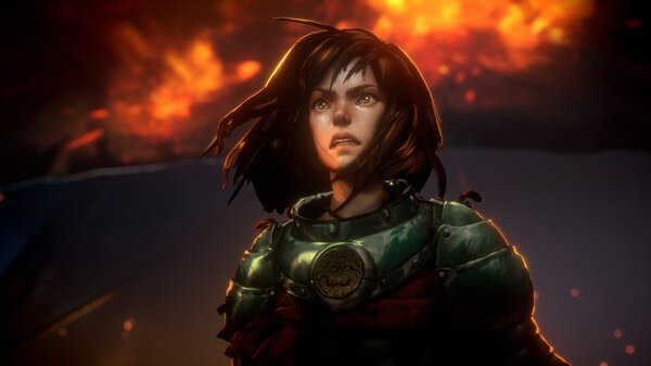 Screenshot from 'No Rest for the Wicked' featuring a character in armor against a fiery backdrop.