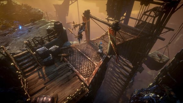 Screenshot from No Rest for the Wicked showing a rugged bridge with a character facing a winged creature amidst a fiery landscape.