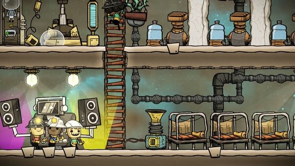 Screenshot of Oxygen Not Included showing duplicants working near machinery, with beds and storage containers in a multi-level base.
