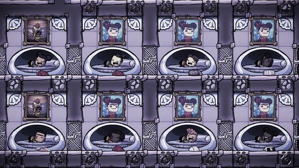 Screenshot of Oxygen Not Included showing duplicants sleeping in cots, surrounded by decorative paintings and dim lighting.