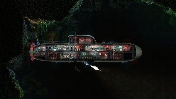 Screenshot from Barotrauma showing a detailed side view of a submarine navigating through dark underwater terrain.