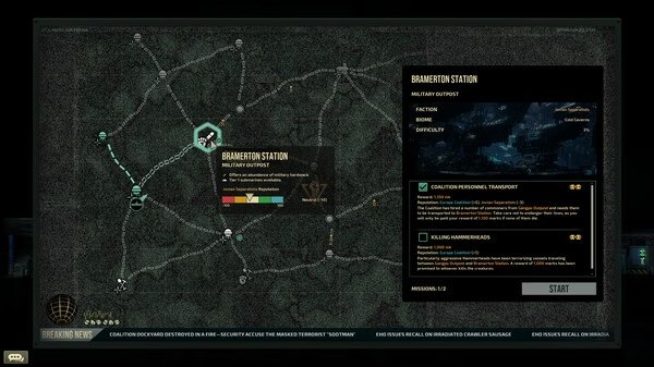 Barotrauma screenshot: A detailed map interface shows Bramerton Station, a military outpost, with mission details and routes highlighted.