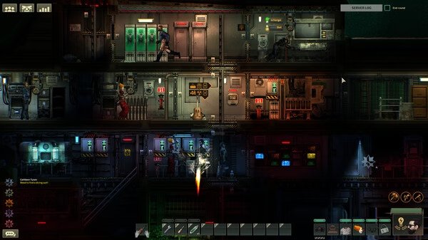 Barotrauma screenshot: A submarine interior with crew members working, machinery, control panels, and a fire in the lower level.