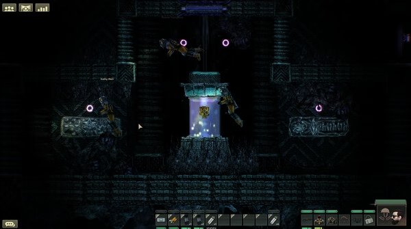 Screenshot from Barotrauma showing a dark underwater scene with divers near a glowing artifact in an ancient structure.