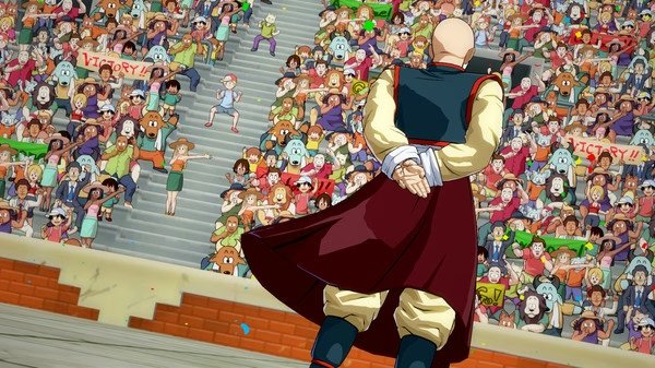 Screenshot from DRAGON BALL FighterZ showing a character facing a cheering crowd in a stadium, with colorful banners visible.