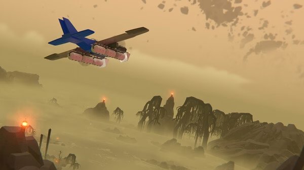 Trailmakers screenshot: A blue aircraft flies over a misty landscape with jagged rocks and eerie lights in the background.
