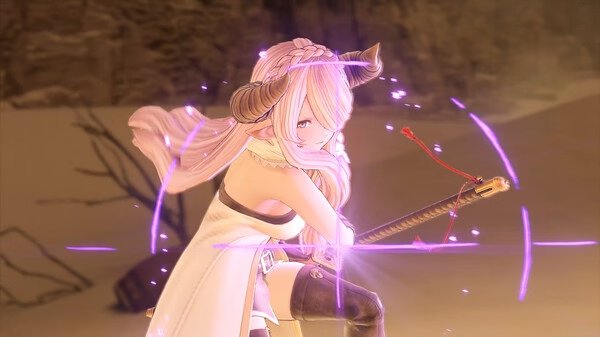 Granblue Fantasy: Relink screenshot showing a character with horns and pink hair wielding a glowing sword in a desert-like area.
