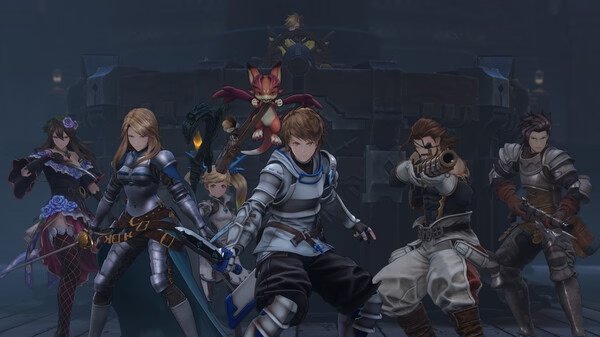 Granblue Fantasy: Relink screenshot showing a group of armored heroes and a cat-like companion in a dark, battle-ready setting.