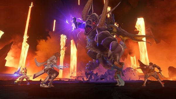 Screenshot from Granblue Fantasy: Relink showing characters battling a large, horned creature in a fiery landscape.