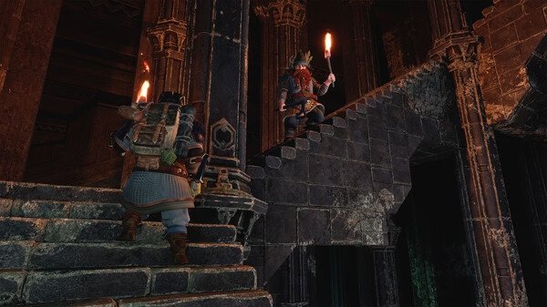 Screenshot from The Lord of the Rings: Return to Moria showing two dwarves exploring a dimly lit stone staircase with torches.