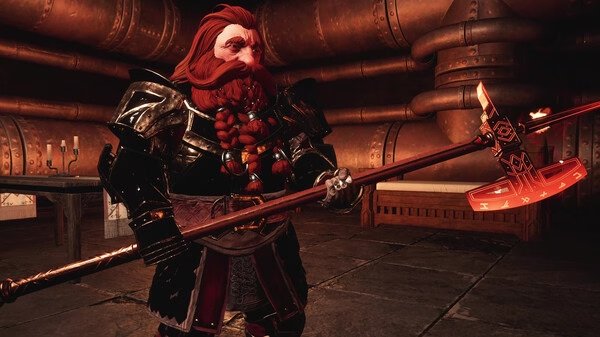 A dwarf warrior holds an ornate glowing axe in a dimly lit chamber. Screenshot from The Lord of the Rings: Return to Moria.