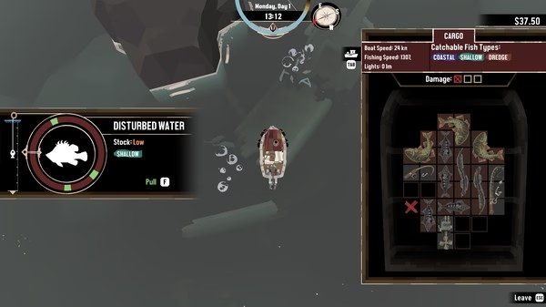 DREDGE screenshot: A fishing boat near disturbed water, cargo shows various fish types, and a map highlights fishing zones.