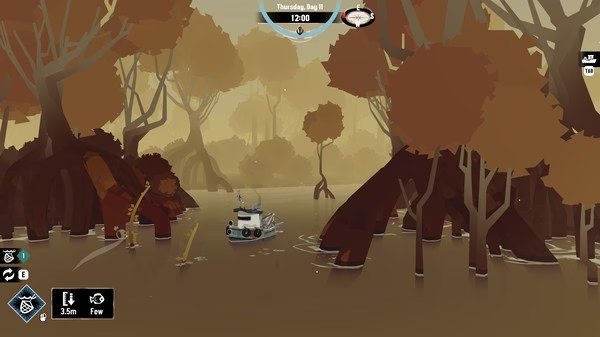 DREDGE screenshot: A small fishing boat navigates through a foggy mangrove swamp surrounded by towering trees.