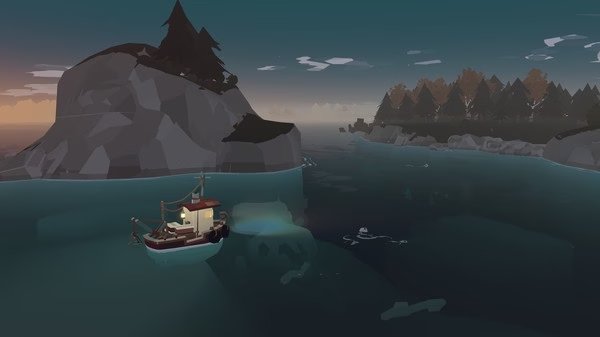 Screenshot from DREDGE showing a fishing boat navigating calm waters near rocky islands under a twilight sky.