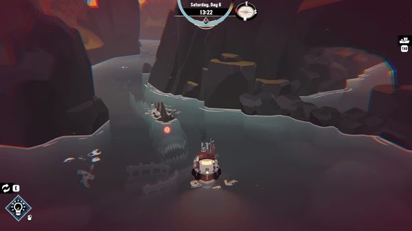A DREDGE screenshot featuring a boat navigating dark waters, with a glowing-eyed sea creature looming nearby among rocky cliffs.