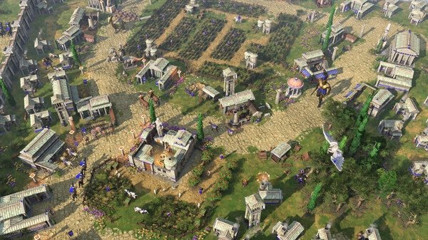 Aerial view screenshot of a bustling ancient city with temples and pathways in Age of Mythology: Retold.