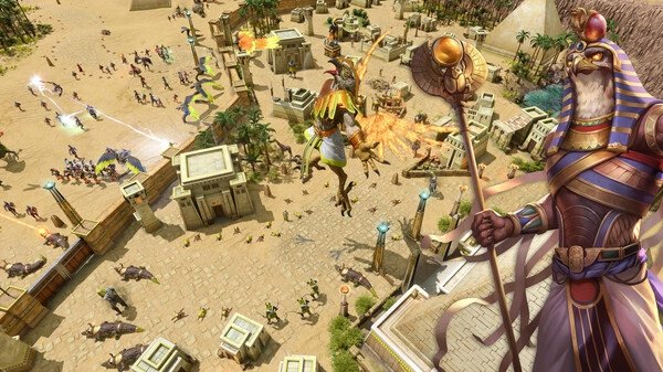 Screenshot from Age of Mythology: Retold showing Egyptian deities and warriors clashing in a desert city battle scene.