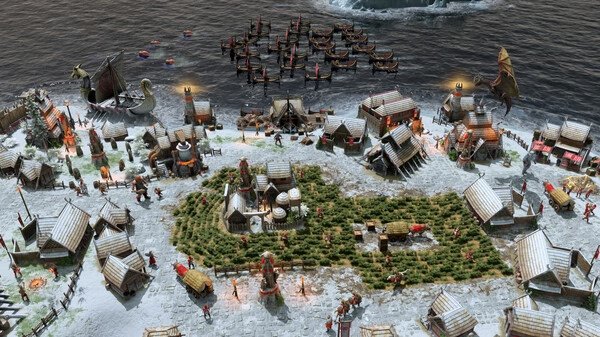 Screenshot from Age of Mythology: Retold showing a snowy village with buildings, units, and ships near the water's edge.